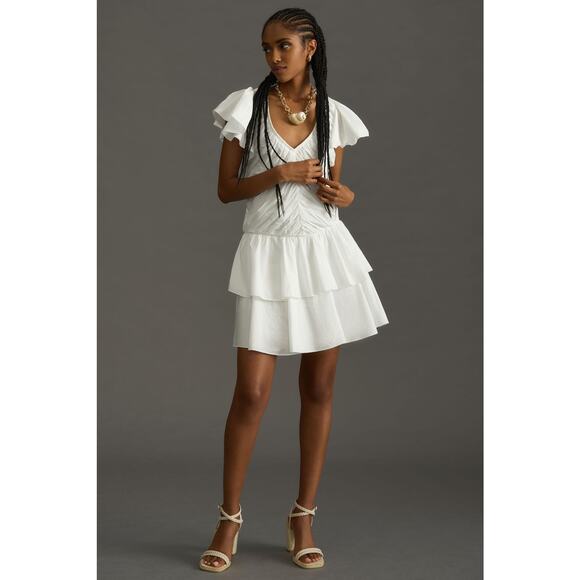 Anthropologie Ruffled White Mini Dress- New Small - Picture 1 of 5